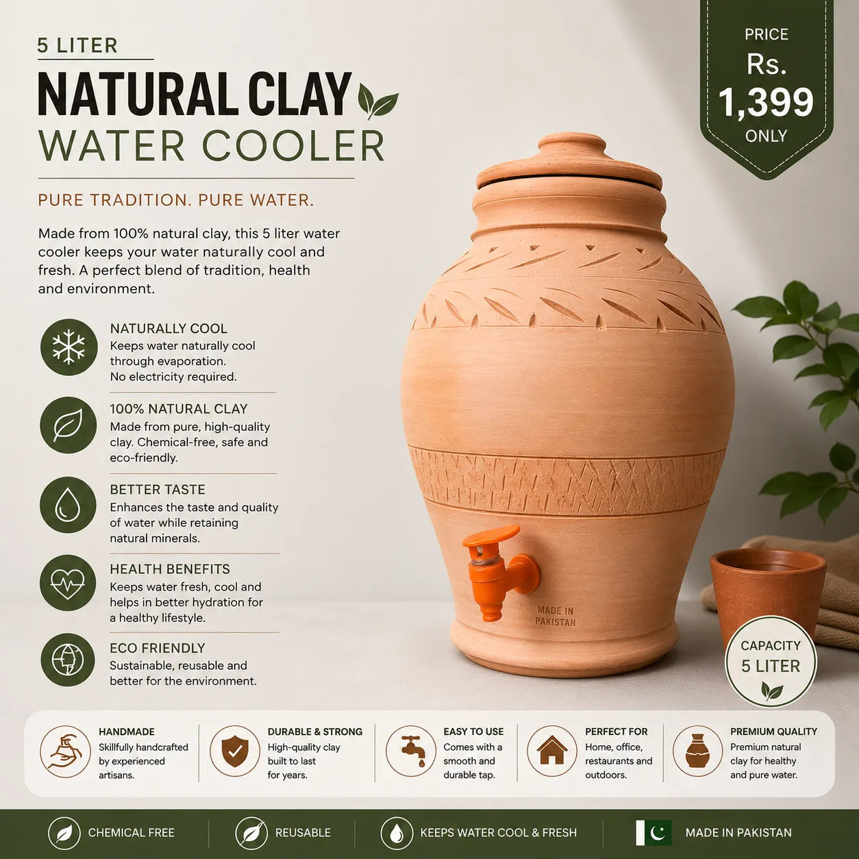 5L Mitti Ka Matka Pani Cooler with Tap