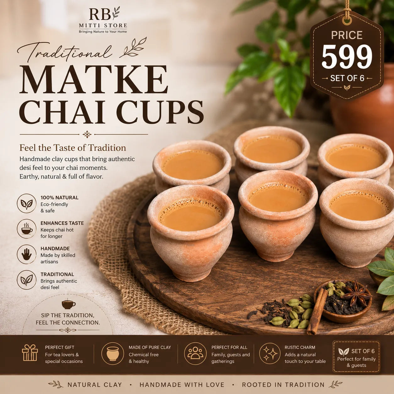 6-Piece Clay Kulhad Chai Cups – Handmade Terracotta Tea Cups