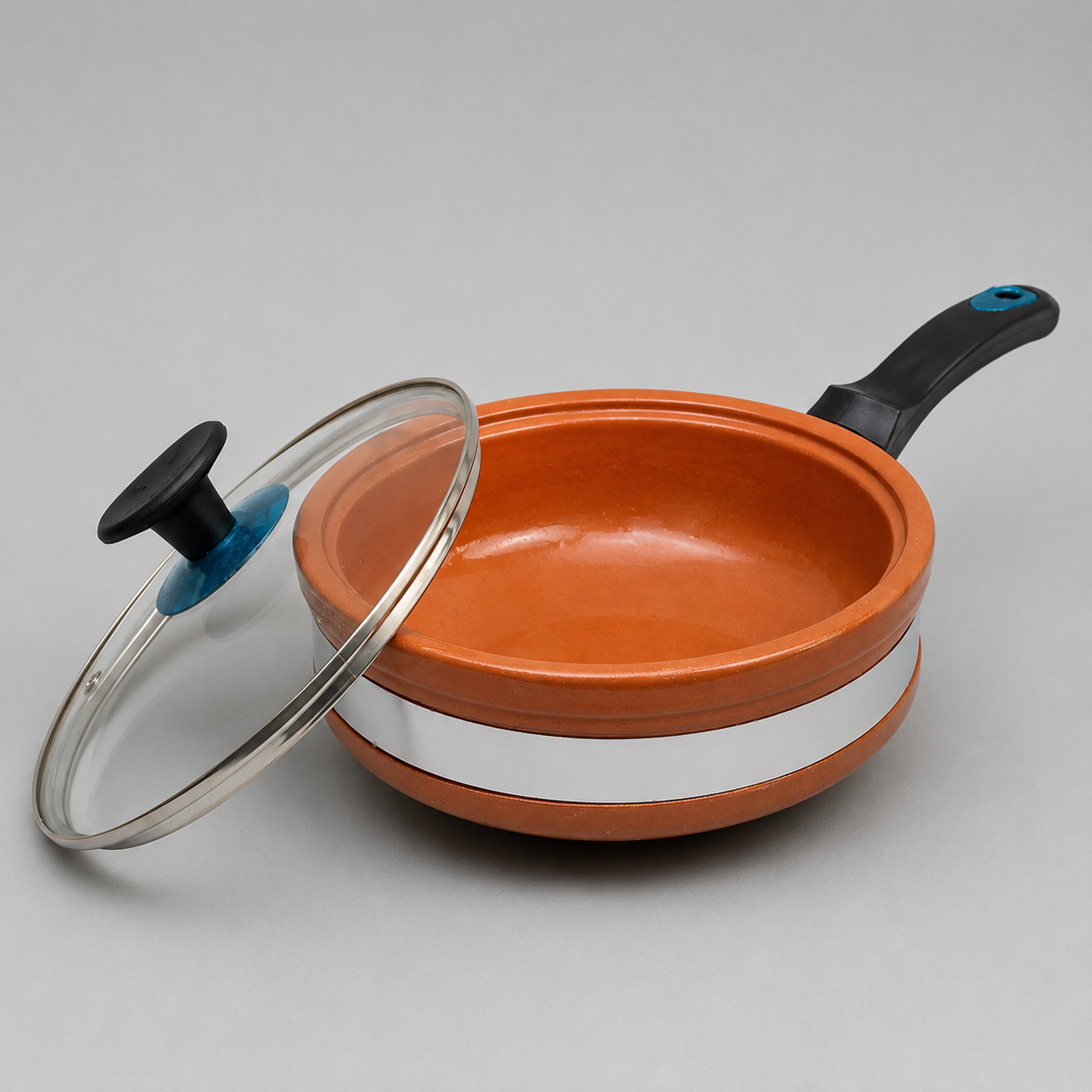 Glazed Clay Fry Pan with Glass Lid – 1KG | Handmade Mitti Fry Pan